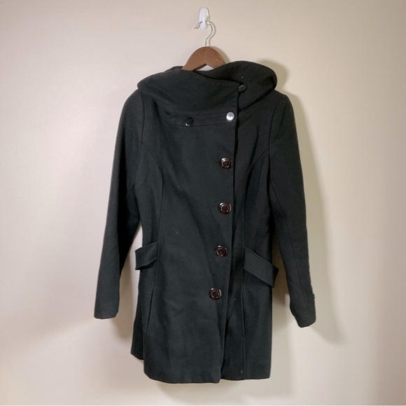Le Chateau Woolmark Belted Pea Coat High Stand Collar Asymmetrical Black Small - Picture 2 of 12